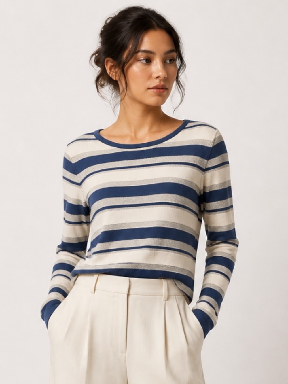CHICO’S Weekend Sweater Pullover Striped Blue Cotton Metallic Long Sleeve